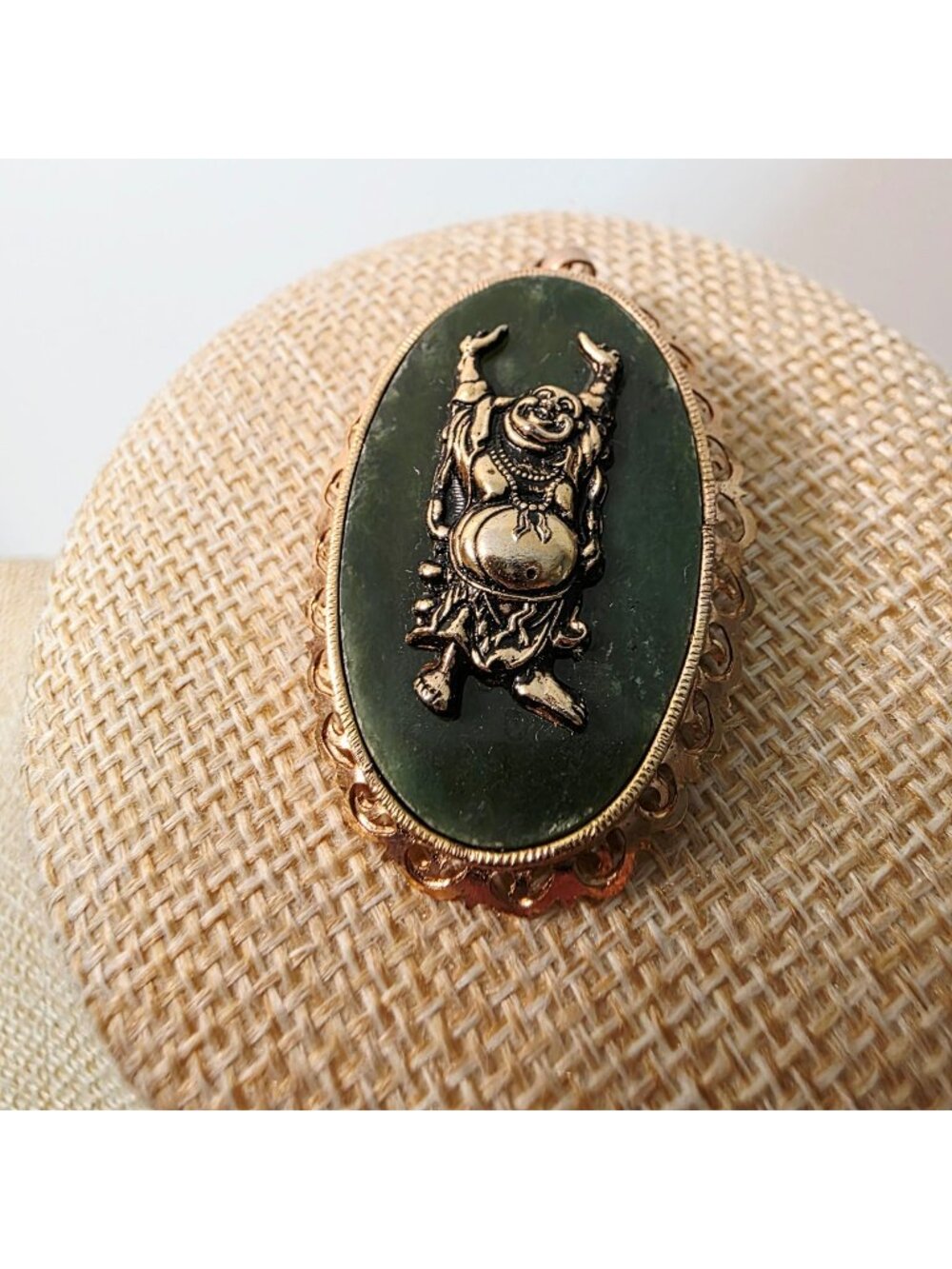 Vtg Gold-Tone Buddha Pin Brooch Pendant Charm With Green Oval Jade Stone